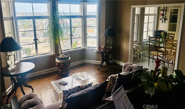 a living room with furniture and a potted plant