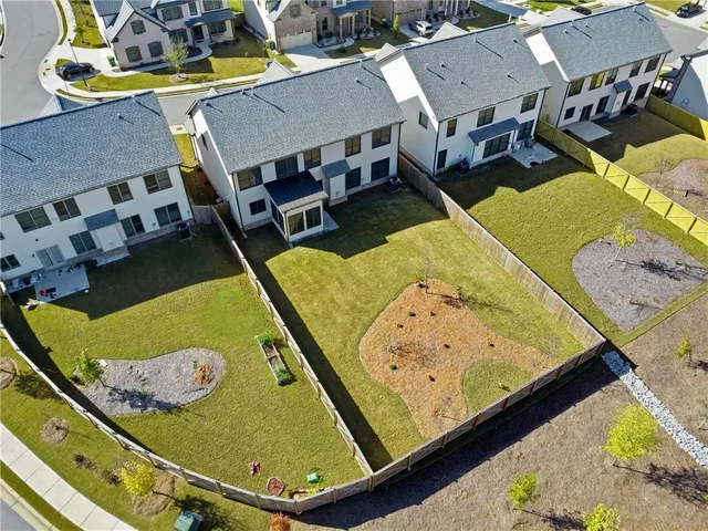 an aerial view of a swimming pool