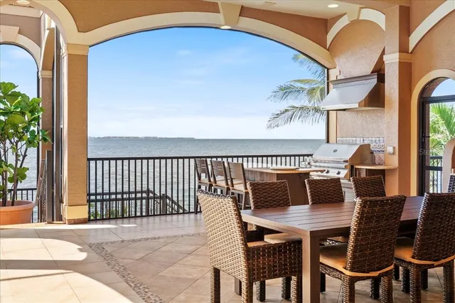 a view of swimming pool with large windows and dining table