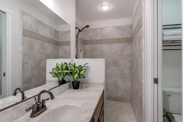 a bathroom with a sink shower and a mirror