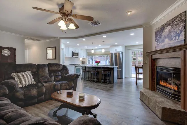 a living room with furniture and a fireplace