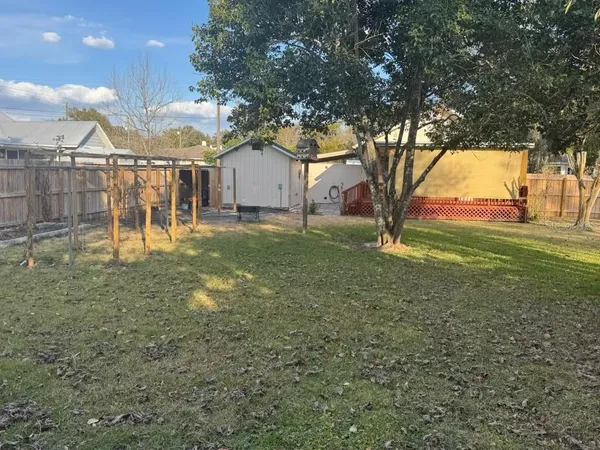 a view of a yard with large trees
