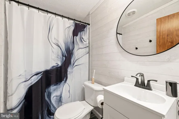 a bathroom with a sink toilet and mirror