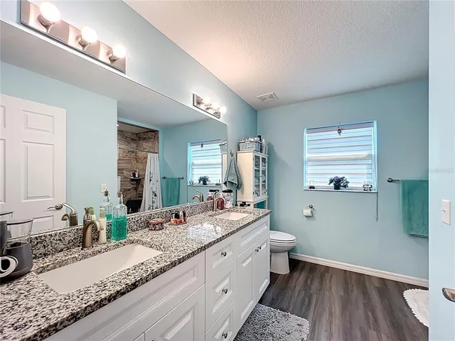 a bathroom with a granite countertop sink mirror and a toilet