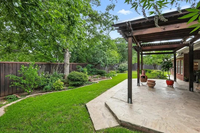 a view of a backyard with couches plants and large tree