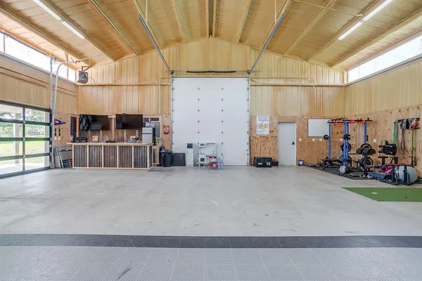 a view of a garage with storage