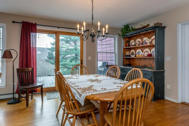 a view of a dining room with furniture window and outside view