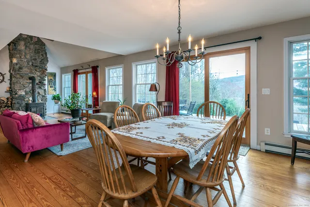 a view of a dining room with furniture window and wooden floor