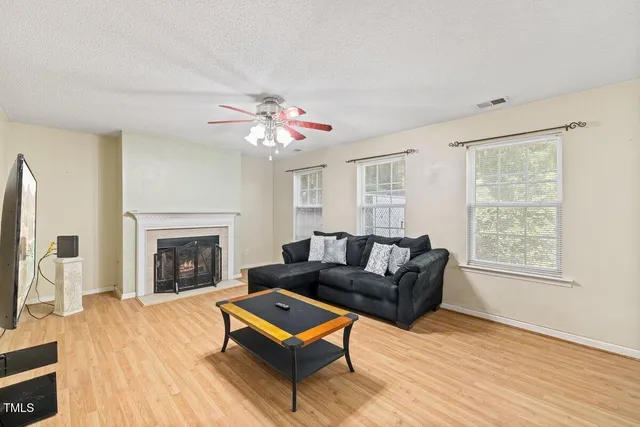 a living room with furniture and a fireplace