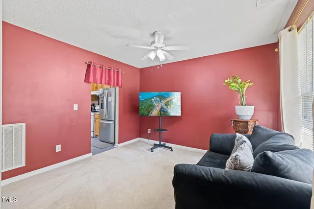 a living room with furniture and a potted plant