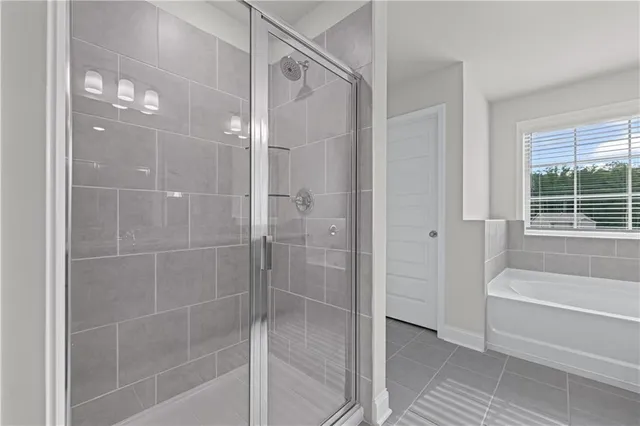 a bathroom with a bathtub and a shower