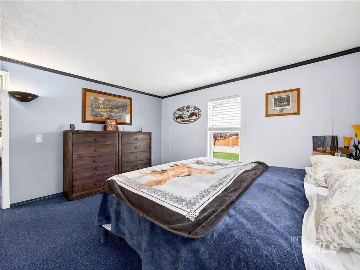 9228 Washoe Road Payette, ID 83661 - Photo 31 of 49 Bedroom featuring dark carpet, crown molding, and a textured ceiling