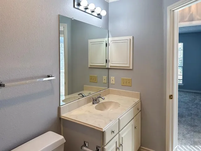 a bathroom with a sink toilet and mirror