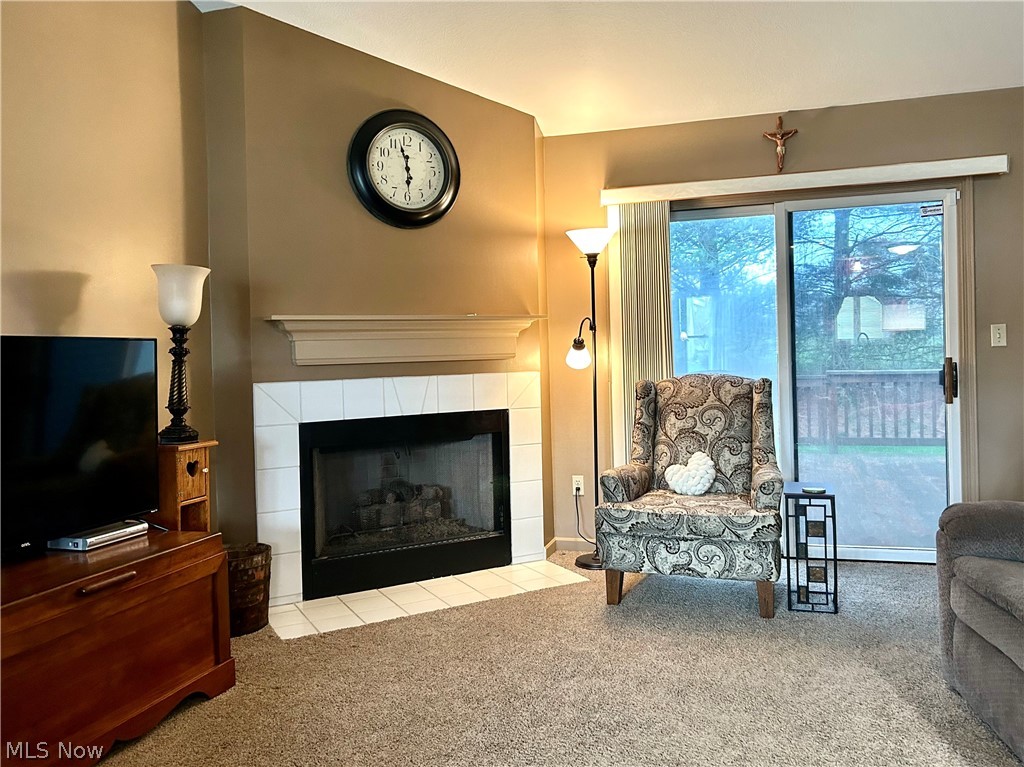 40 East Western Reserve Road, Unit 1 Youngstown, OH 44514 - Photo 3 of 33 Carpeted living room with a tile fireplace