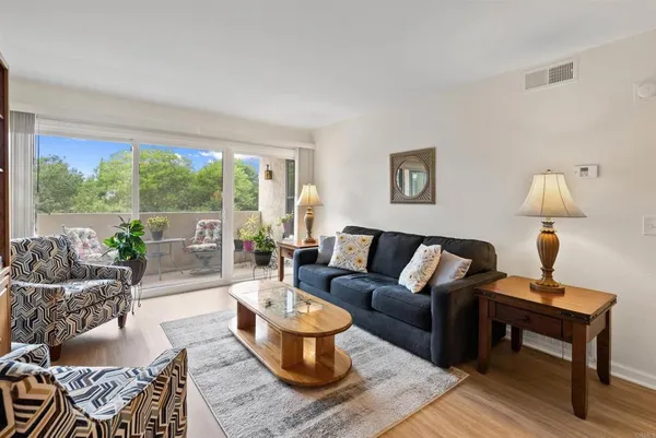 a living room with furniture and a potted plant