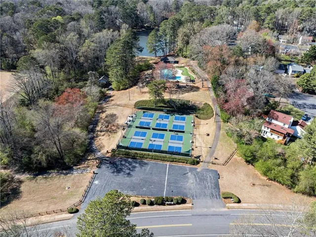 an aerial view of a building with outdoor space