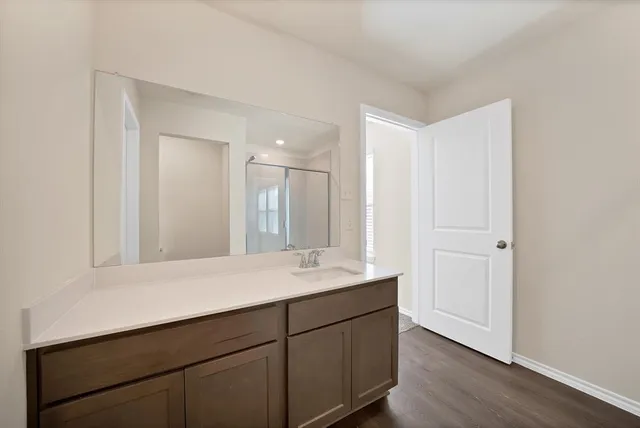 a bathroom with a sink and a mirror