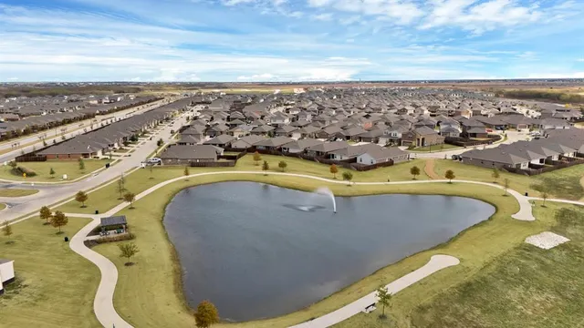 an aerial view of a swimming pool