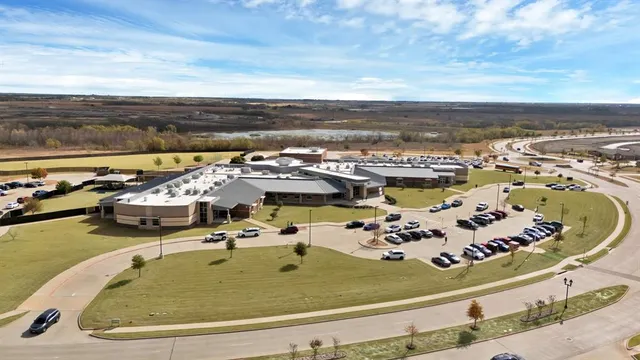 an aerial view of a swimming pool