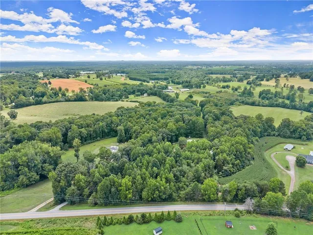 an aerial view of residential houses with outdoor space and trees