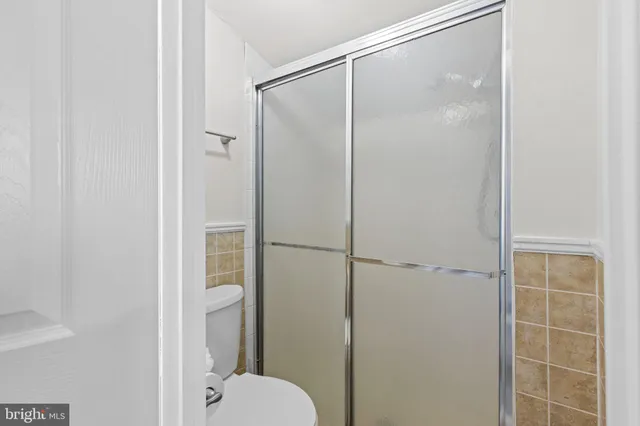 a bathroom with a shower and a toilet