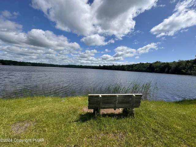a garden view with a lake view in the back