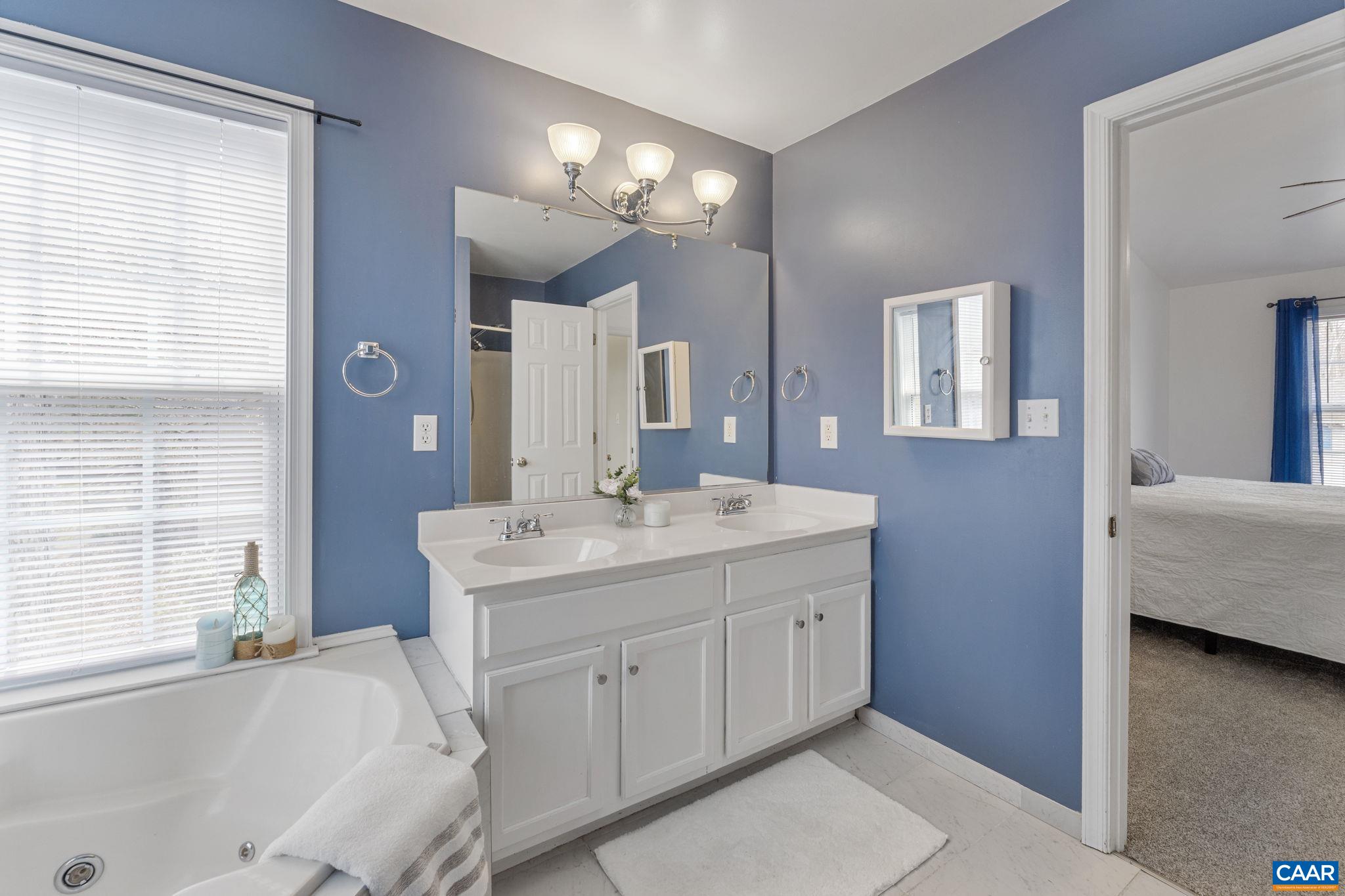 89 Riverside Drive Palmyra, VA 22963 - Photo 15 of 38 a en suite bathroom with a double vanity sink a large mirror and a bathtub