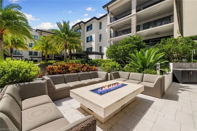 a view of a patio with couches and a potted plant on a table