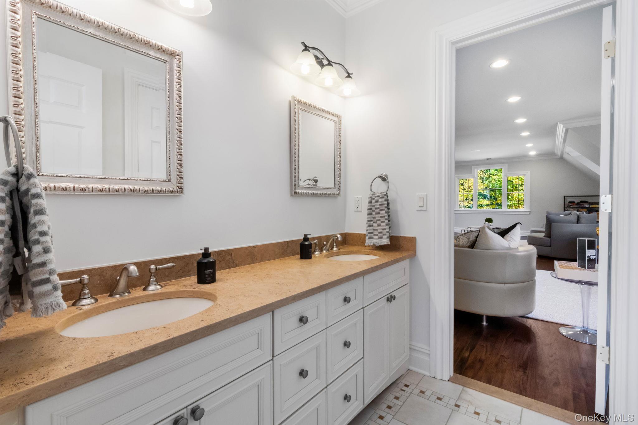496 Long Ridge Road Bedford, NY 10576 - Photo 31 of 49 Full bath with ornamental molding, double vanity, recessed lighting, and light tile patterned flooring