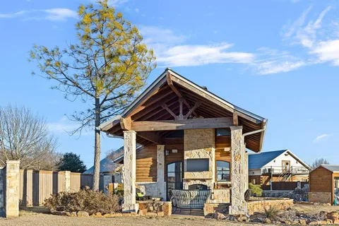 an outdoor space with seating space