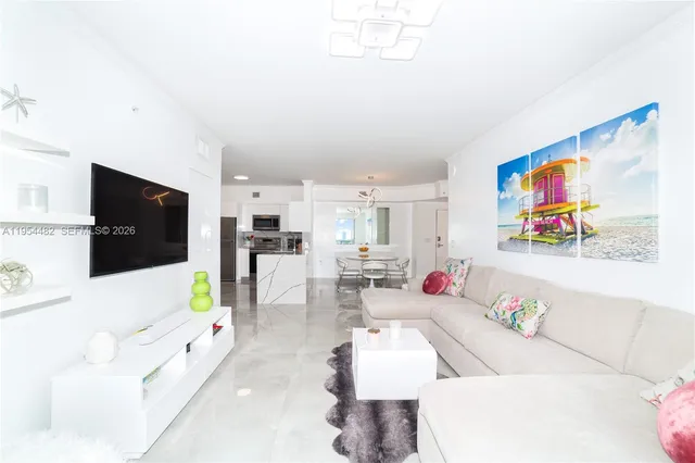 a view of a dining room with furniture