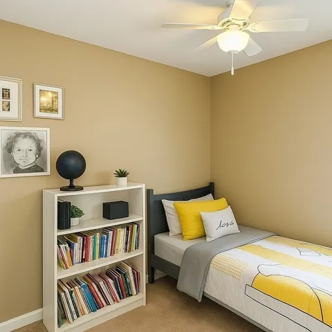 a bedroom with a bed and cabinets