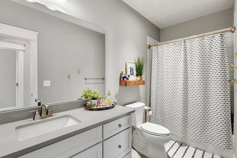 a bathroom with a sink a toilet and shower curtain