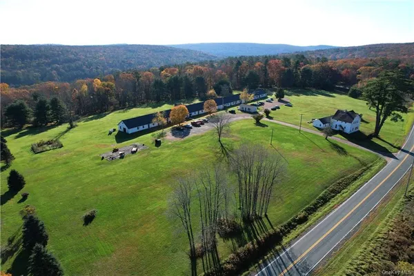 an aerial view of residential houses with outdoor space and trees