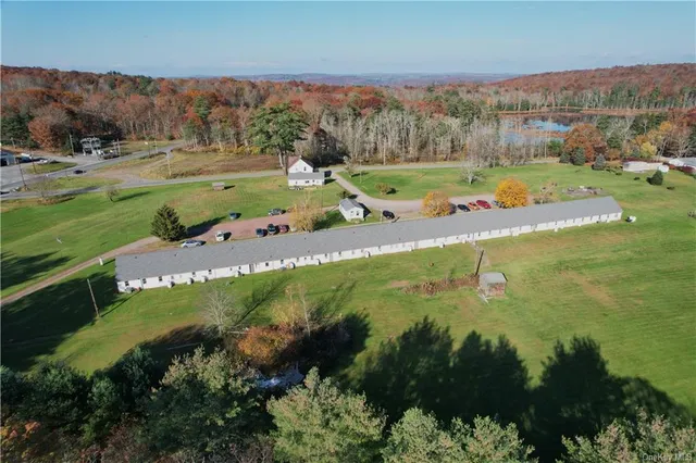 an aerial view of residential houses with outdoor space and trees