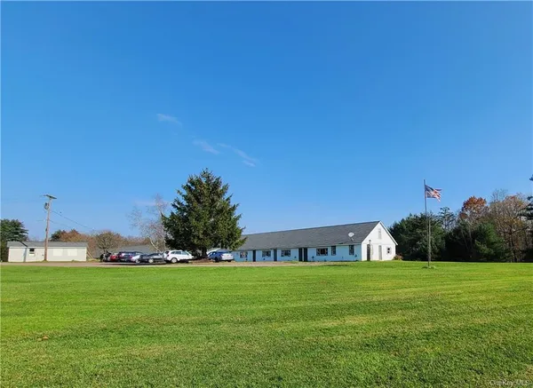 a view of a park with large trees