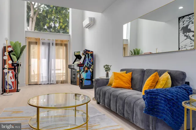 a living room with furniture and a potted plant