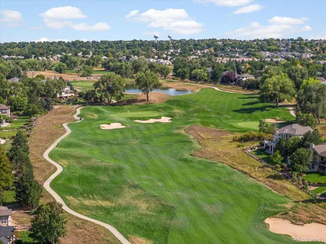 an aerial view of residential houses with outdoor space and trees