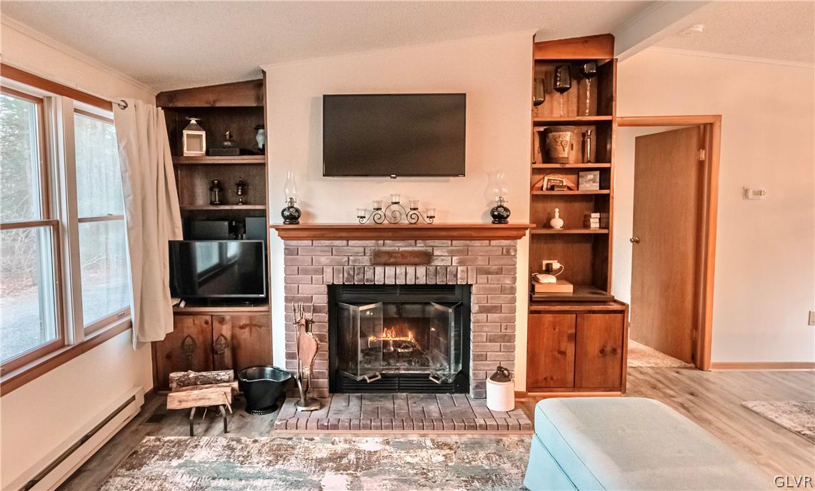419 Merwinsburg Road Effort, PA 18330 - Photo 5 of 32 a living room with furniture a flat screen tv and a fireplace