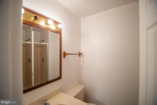 a bathroom with a granite countertop shower and a toilet