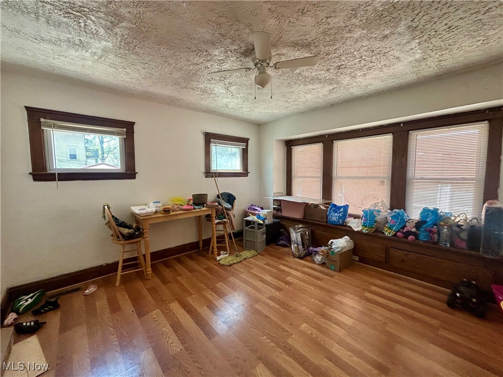 10202 Kinsman Road Cleveland, OH 44104 - Photo 4 of 15 Office with light wood-style flooring, a textured ceiling, and a ceiling fan