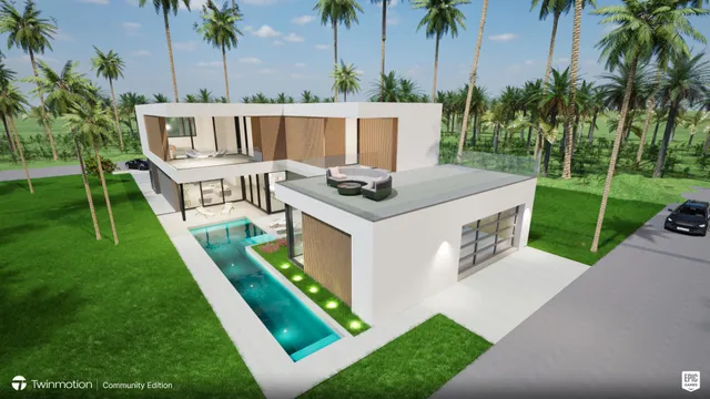 a view of a house with a yard and palm trees