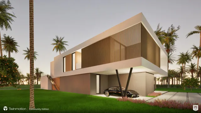 a very nice looking building with a big yard and potted plants