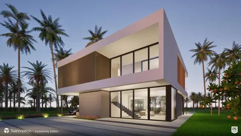 a palm tree sitting in front of a house with a big yard