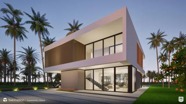 a palm tree sitting in front of a house with a big yard