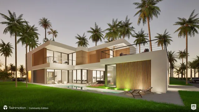 front view of a house with a yard and palm trees