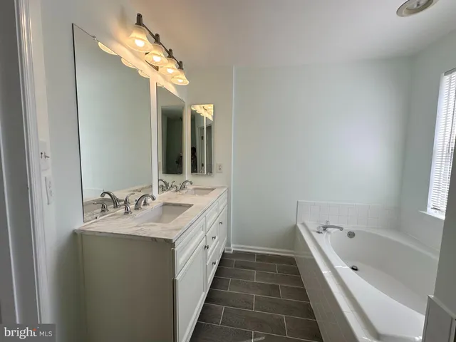a bathroom with a double vanity sink mirror and bathtub