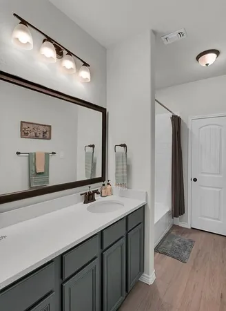 a bathroom with a sink and a mirror
