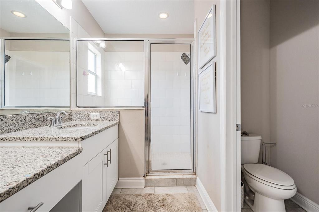3016 Alachua Place New Port Richey, FL 34655 - Photo 18 of 65 a bathroom with a granite countertop sink toilet and shower
