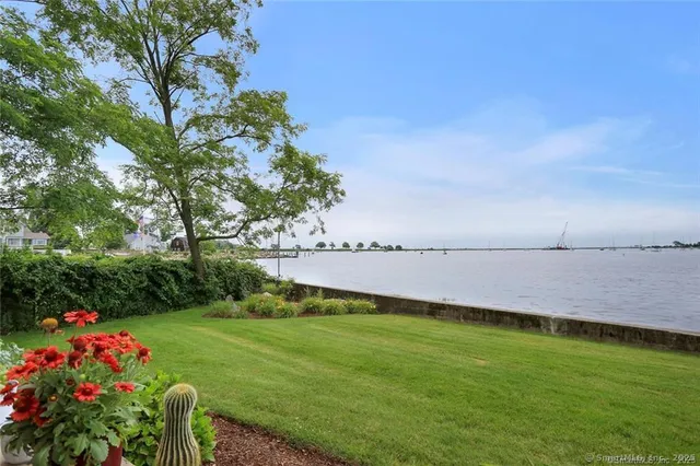 a view of a lake with a big yard and potted plants